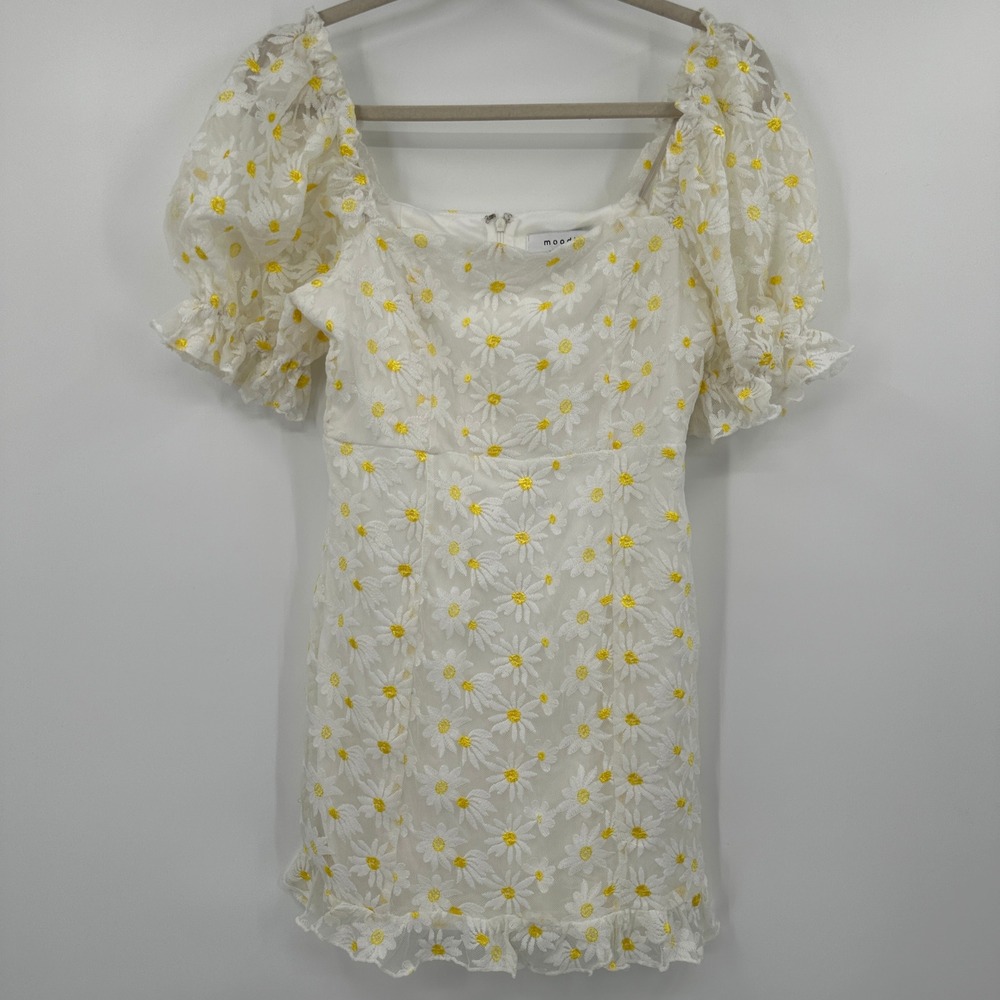 Moodie Yellow Daisy Cottagecore Embroidered Mesh Puff Sleeve Mini Dress Small